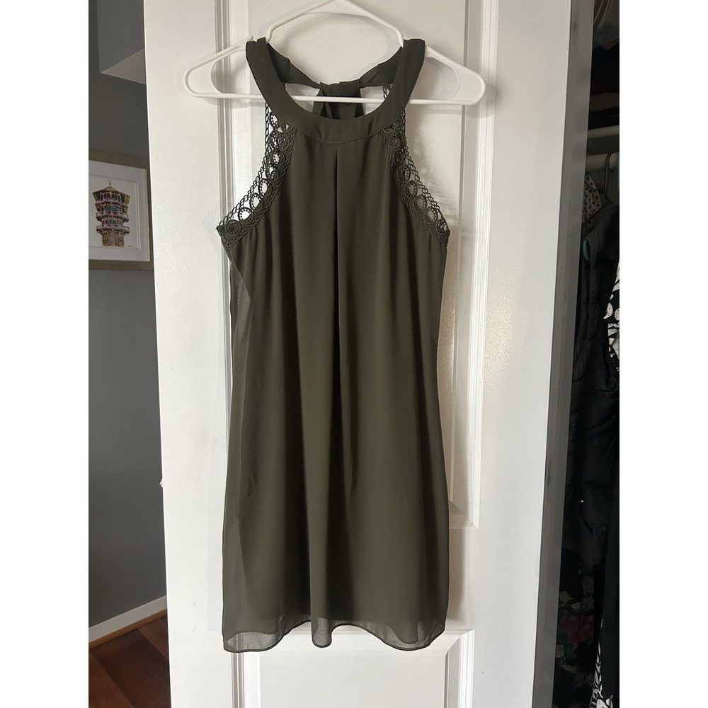 IZ Byer Olive Green Halter Dress Crochet Neckline Sleeveless Casual Party Small